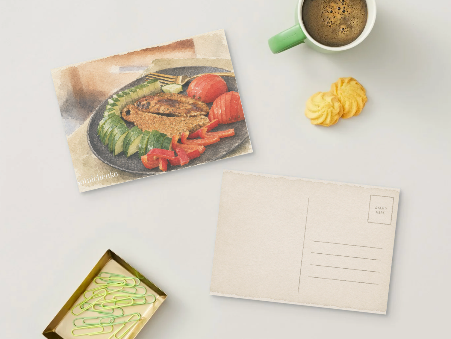 Quiet Lunch — Vintage Watercolor Postcard