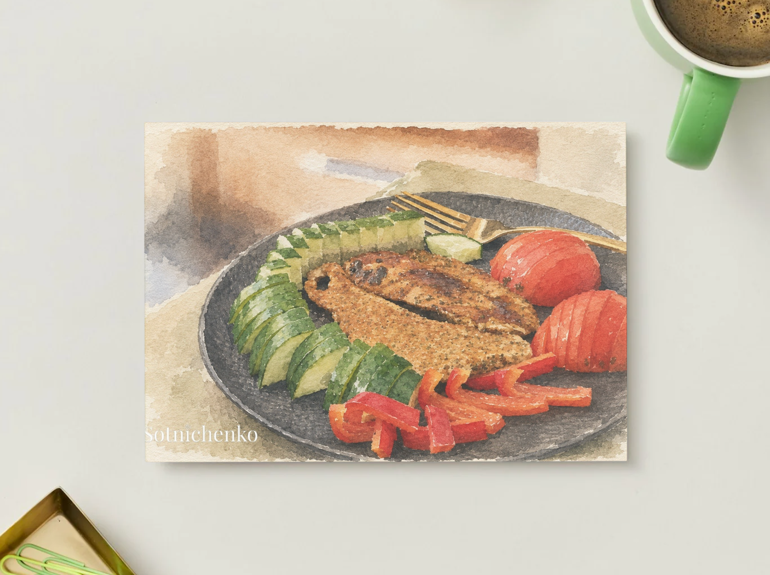Quiet Lunch — Vintage Watercolor Postcard