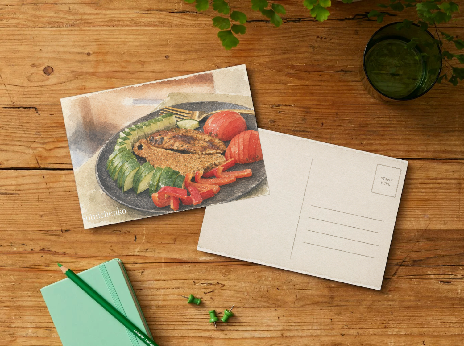 Quiet Lunch — Vintage Watercolor Postcard