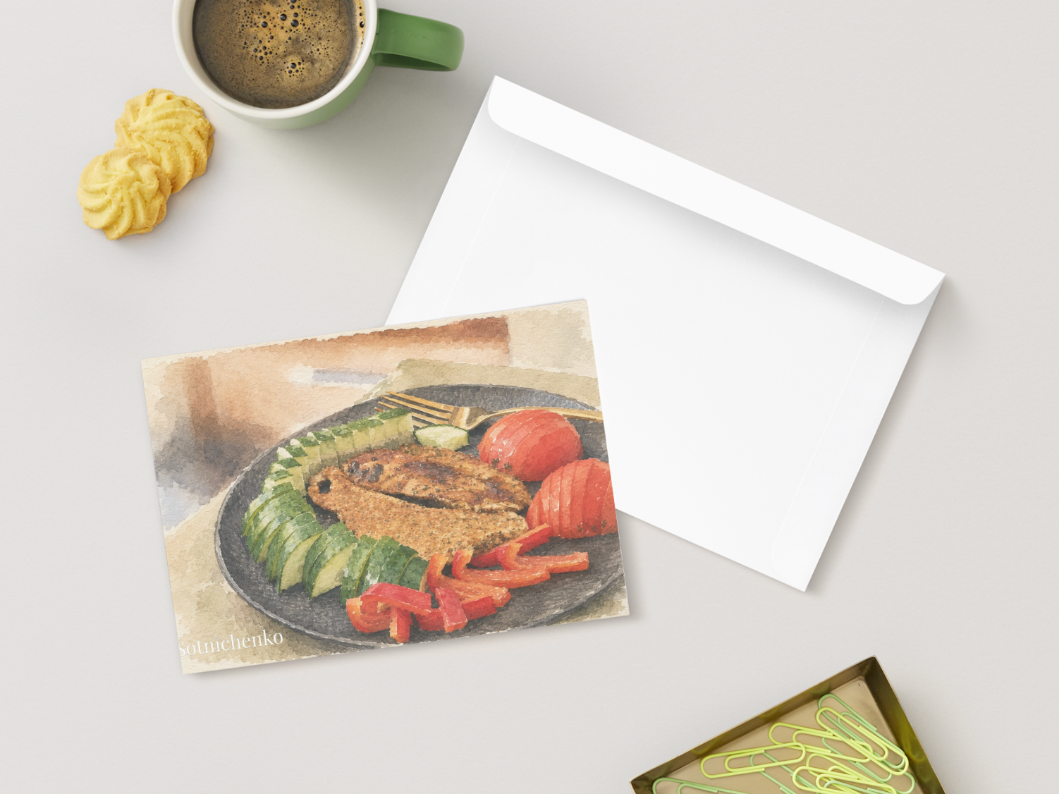 Quiet Lunch — Vintage Watercolor Postcard