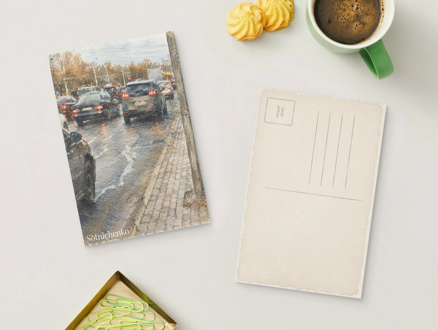 Wet Streets — Vintage Watercolor Postcard