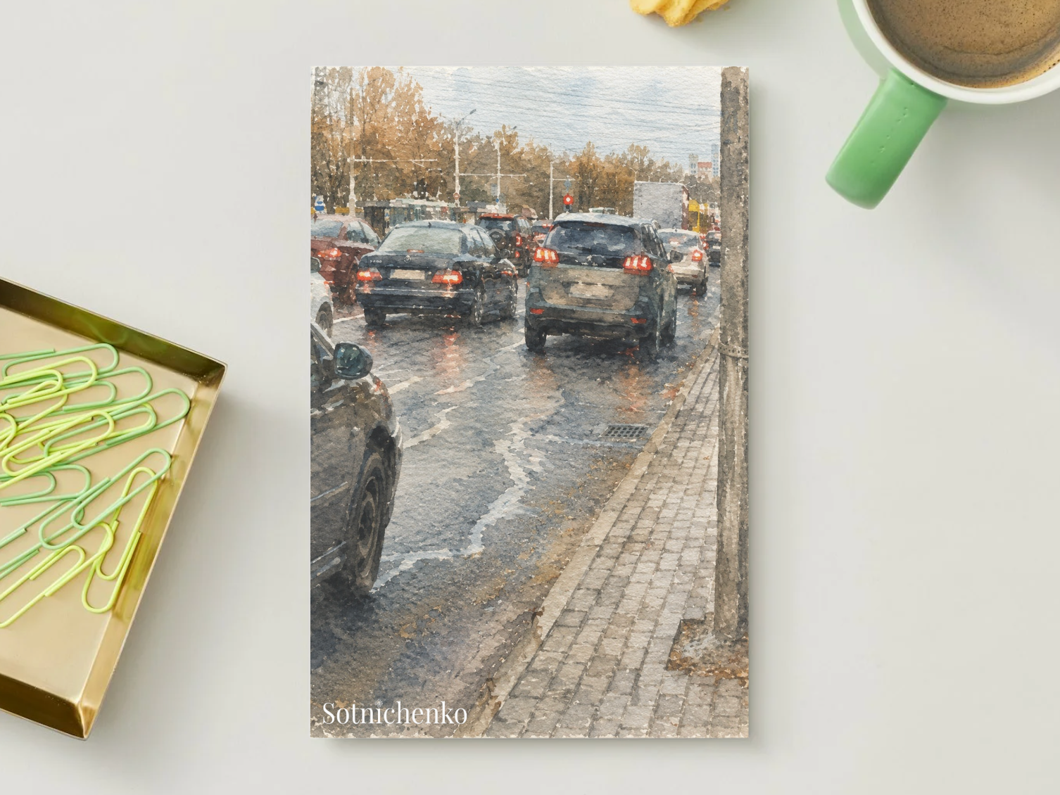 Wet Streets — Vintage Watercolor Postcard
