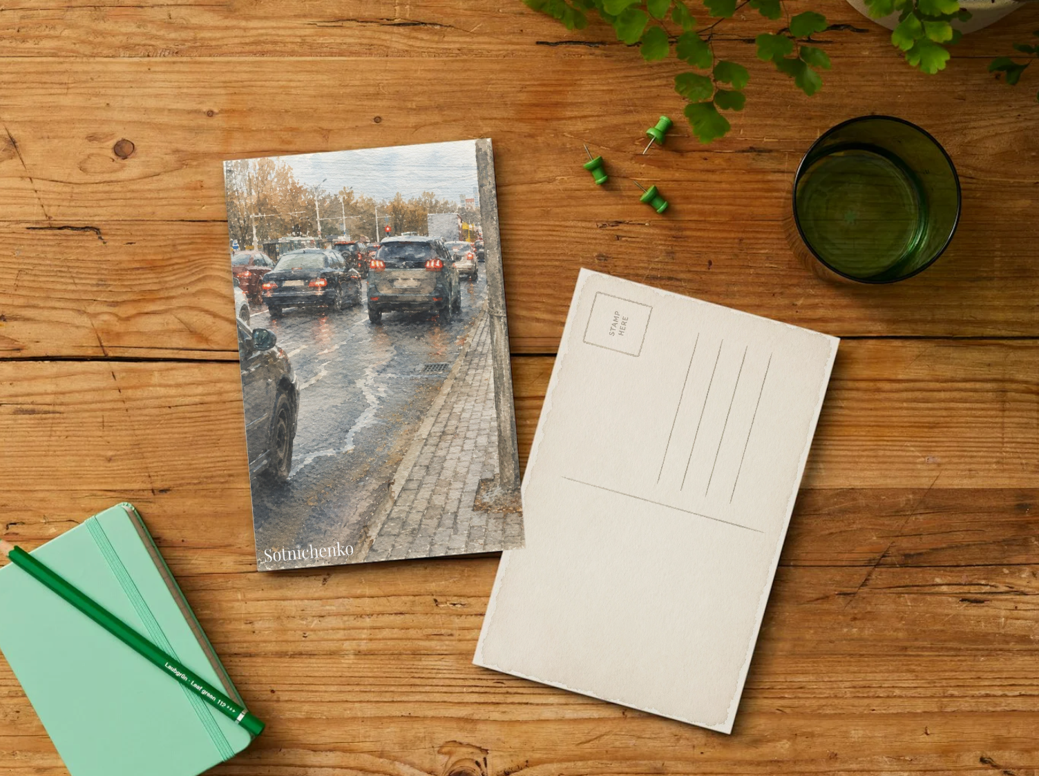 Wet Streets — Vintage Watercolor Postcard
