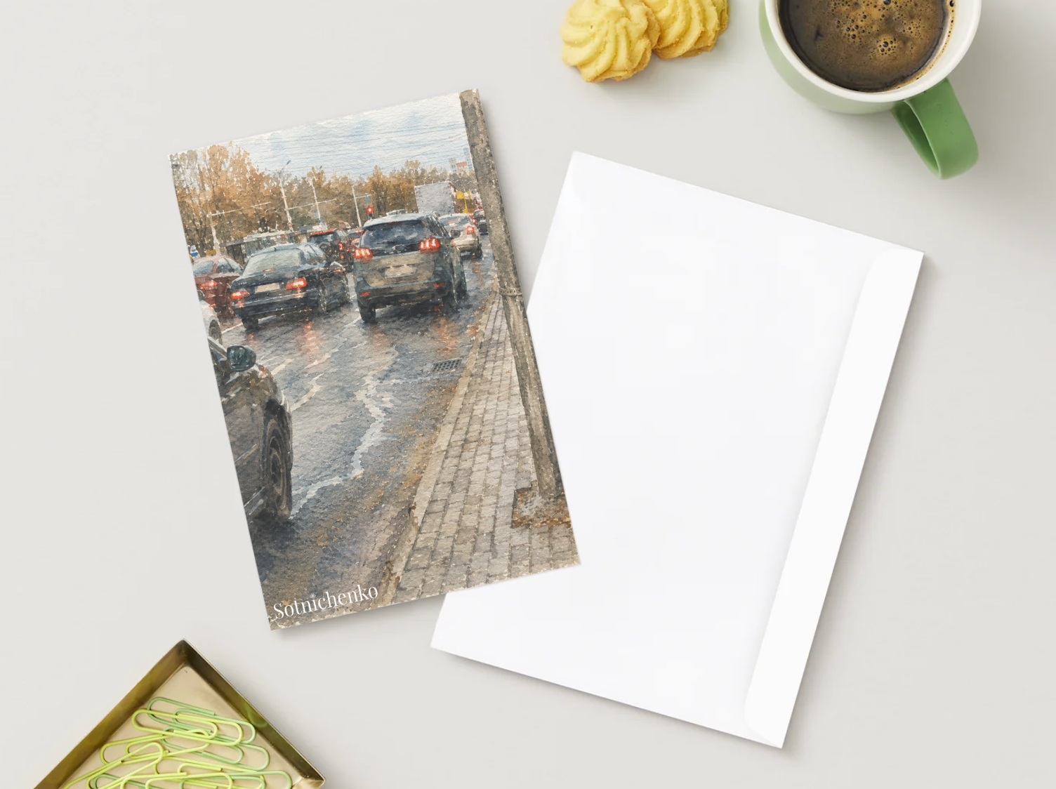 Wet Streets — Vintage Watercolor Postcard