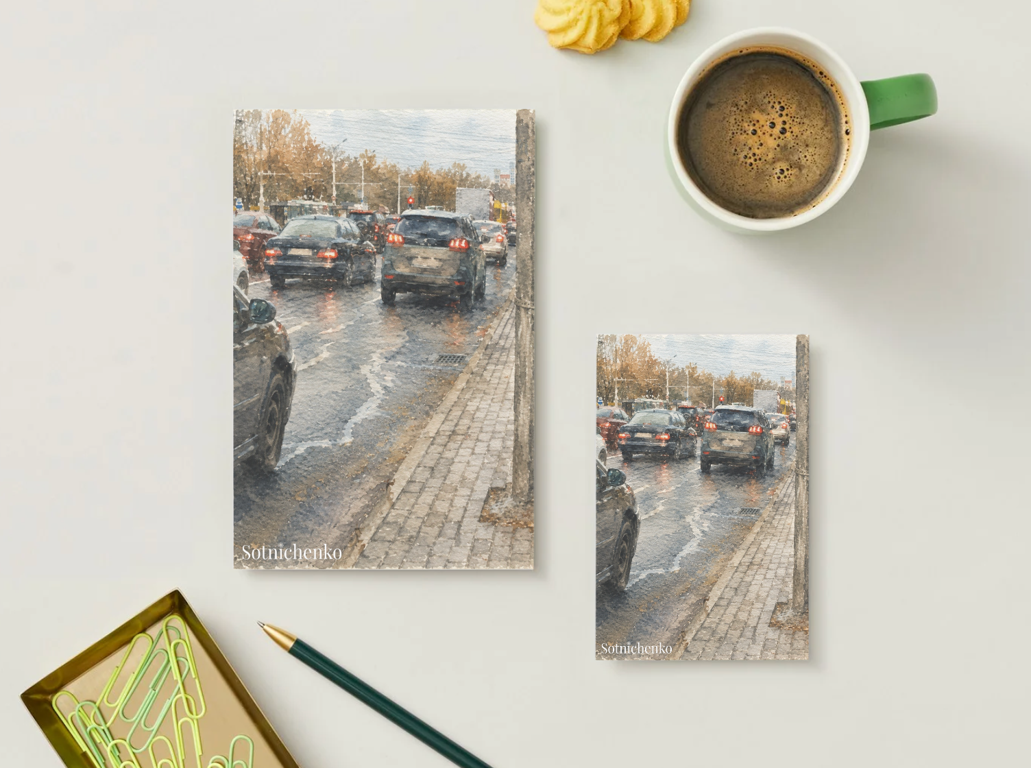 Wet Streets — Vintage Watercolor Postcard