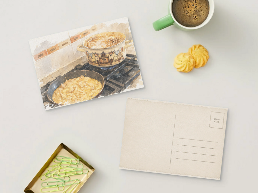 Dinner on the Stove — Vintage Watercolor Postcard