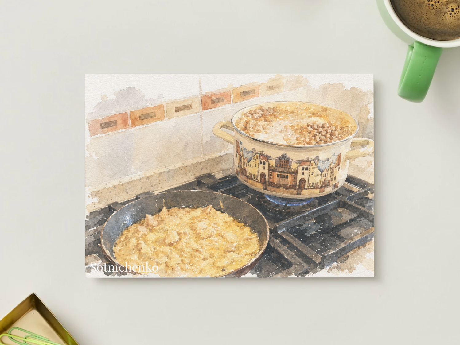 Dinner on the Stove — Vintage Watercolor Postcard