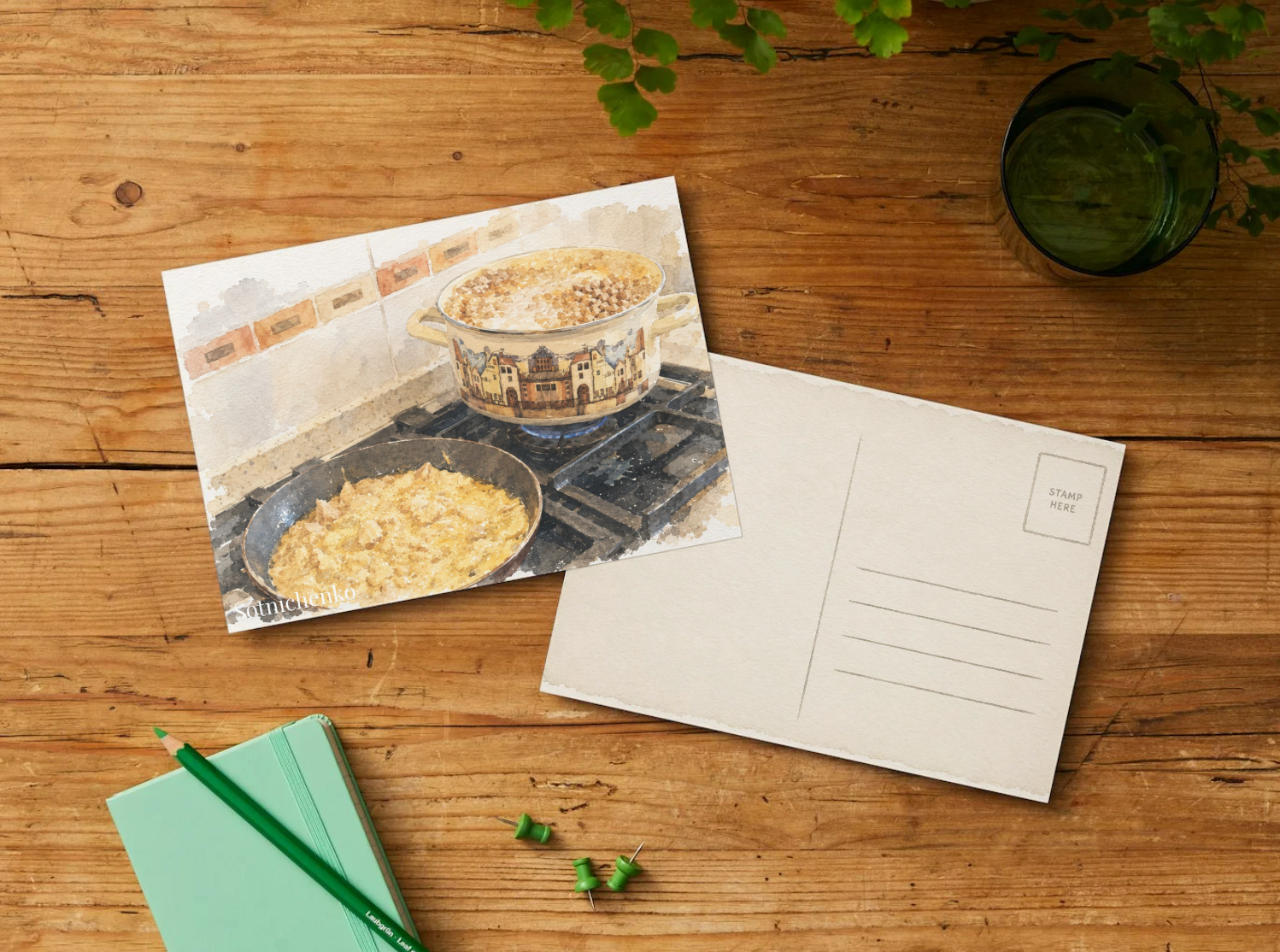 Dinner on the Stove — Vintage Watercolor Postcard