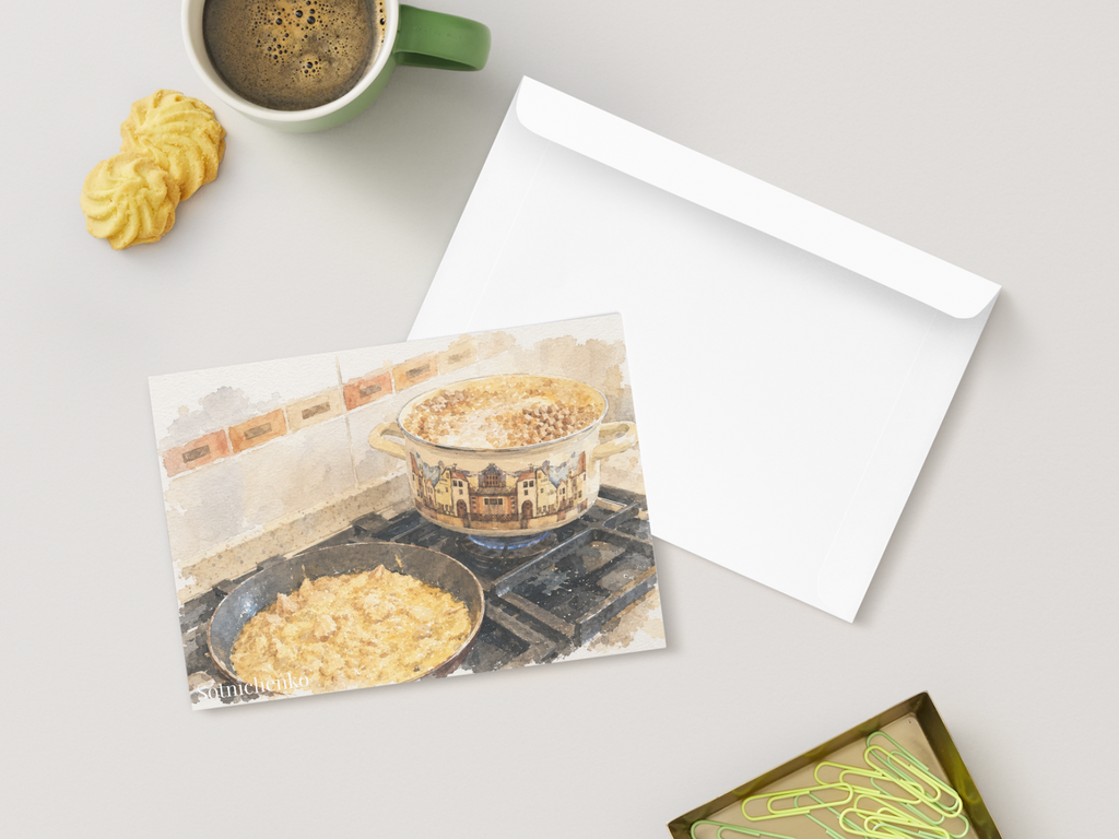 Dinner on the Stove — Vintage Watercolor Postcard