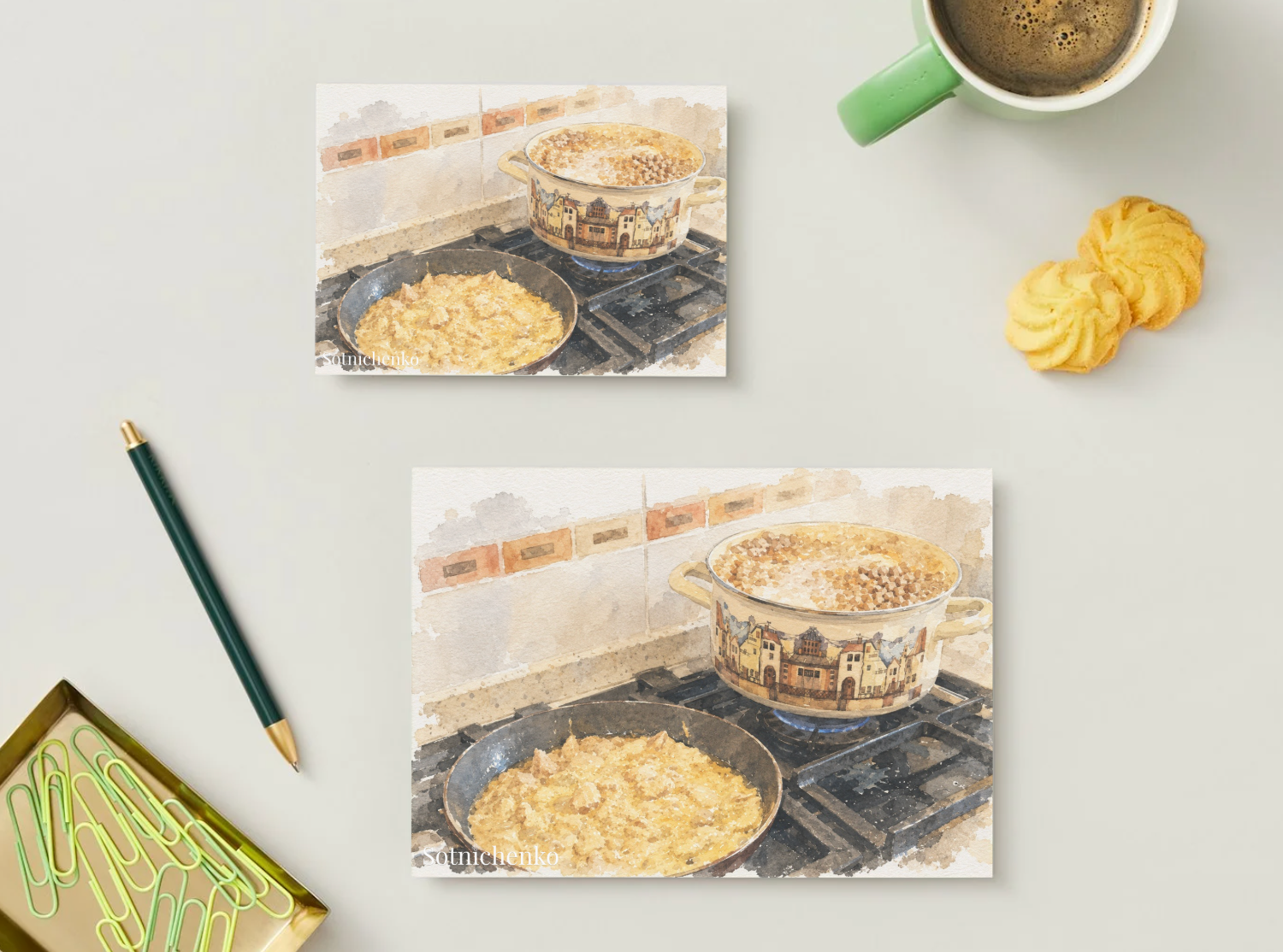 Dinner on the Stove — Vintage Watercolor Postcard