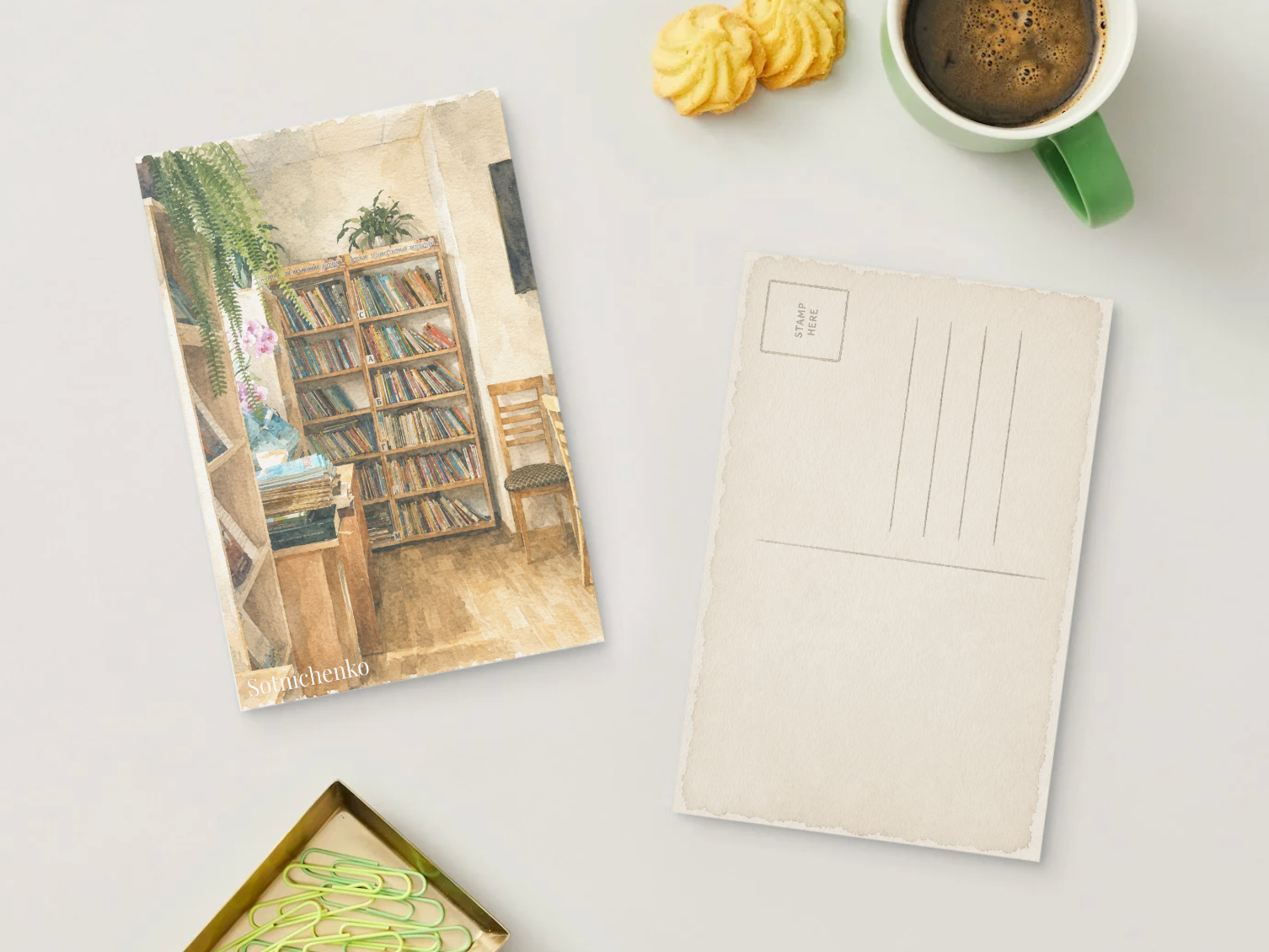 Quiet Library Corner — Printable Watercolor Postcard
