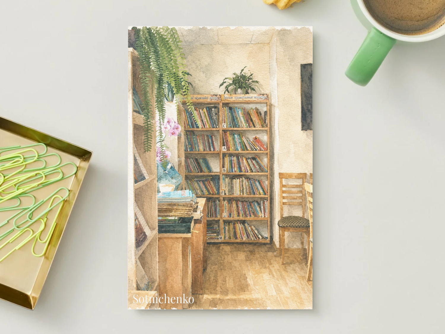 Quiet Library Corner — Printable Watercolor Postcard