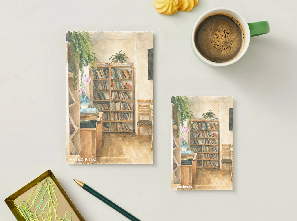 Quiet Library Corner — Printable Watercolor Postcard