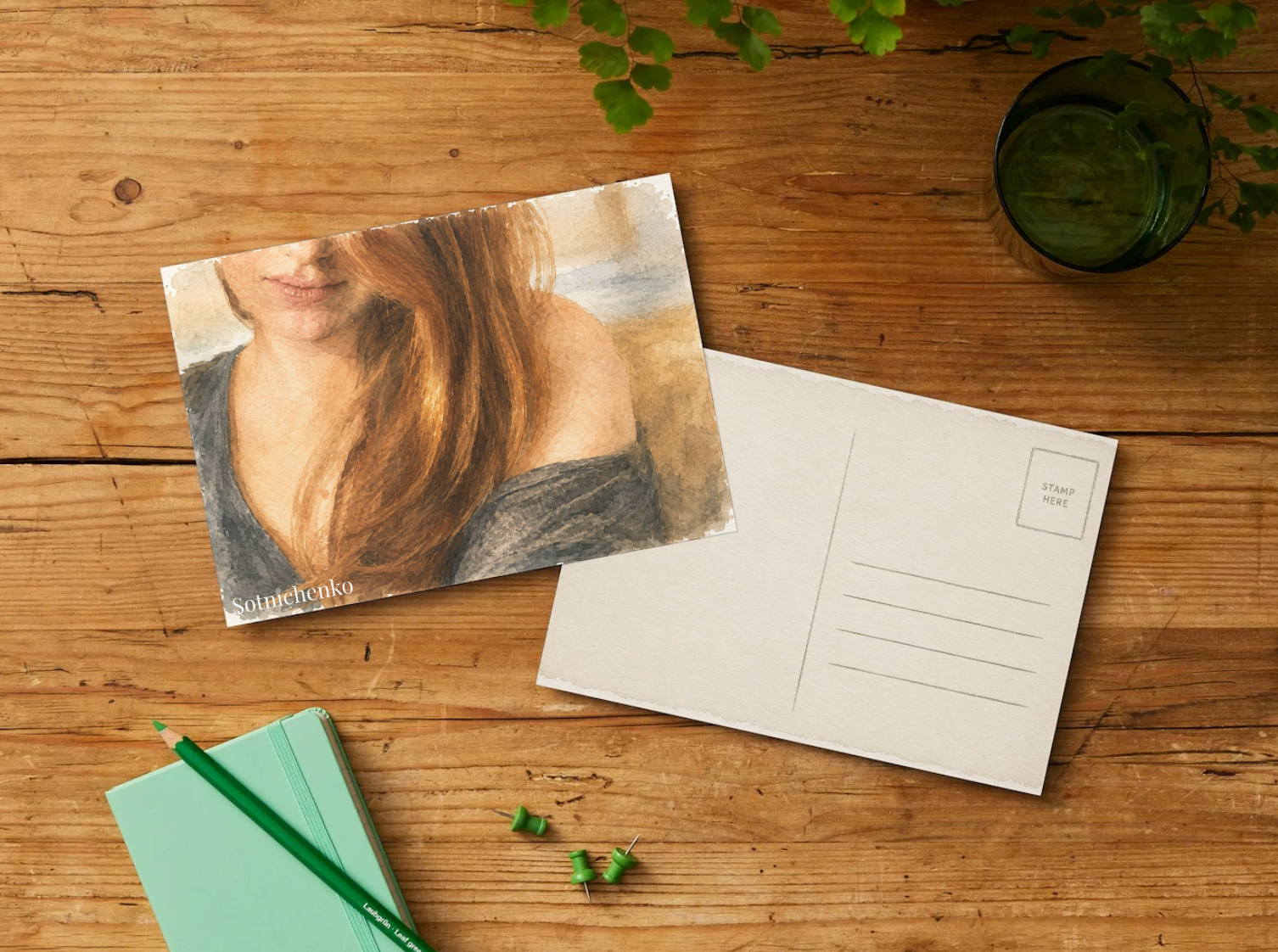 Copper Hair — Vintage Watercolor Postcard