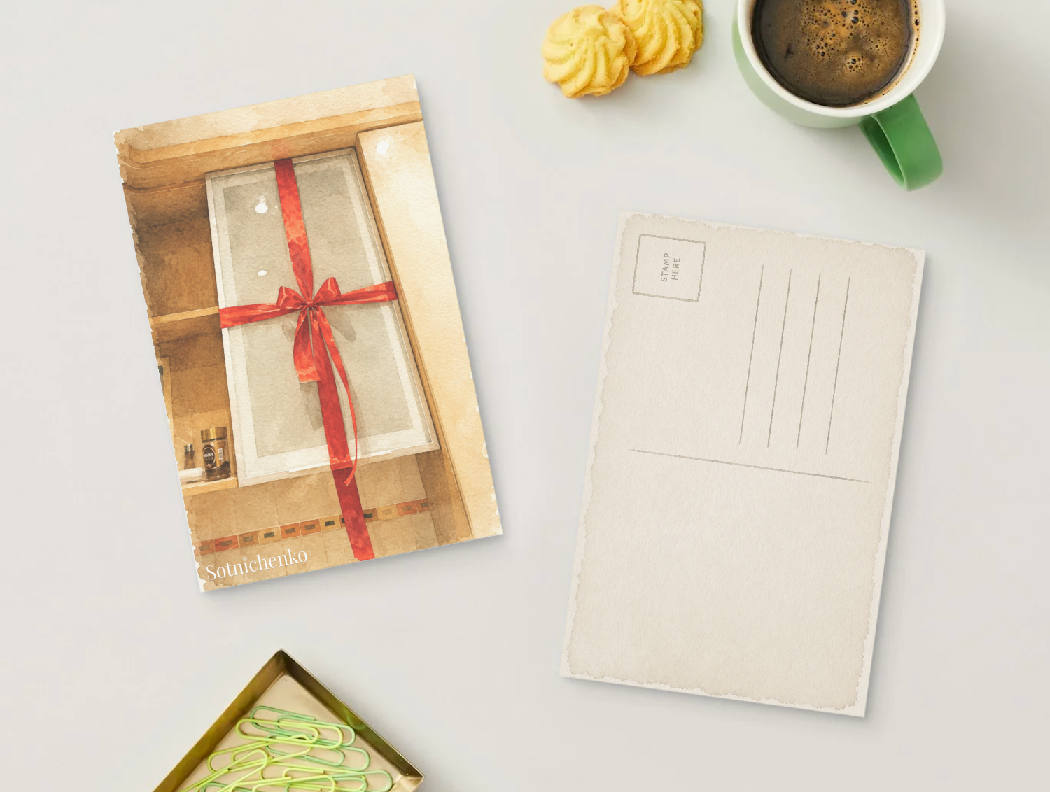 Red Ribbon Window — Holiday Printable Postcard
