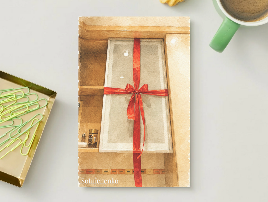 Red Ribbon Window — Holiday Printable Postcard
