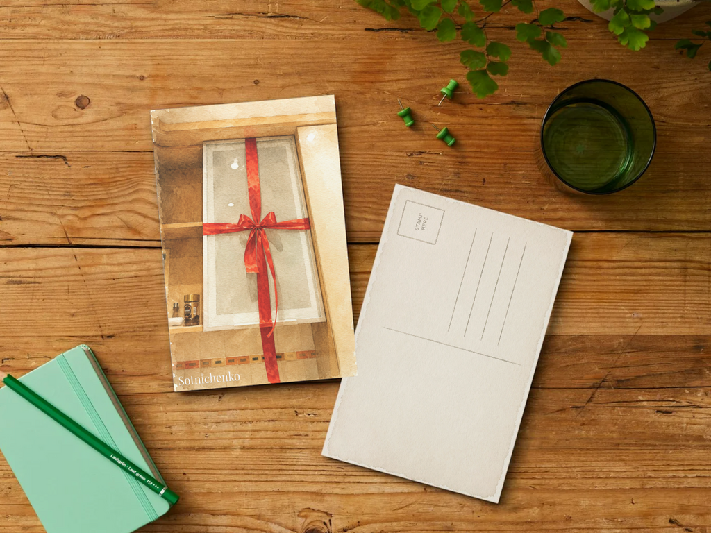 Red Ribbon Window — Holiday Printable Postcard