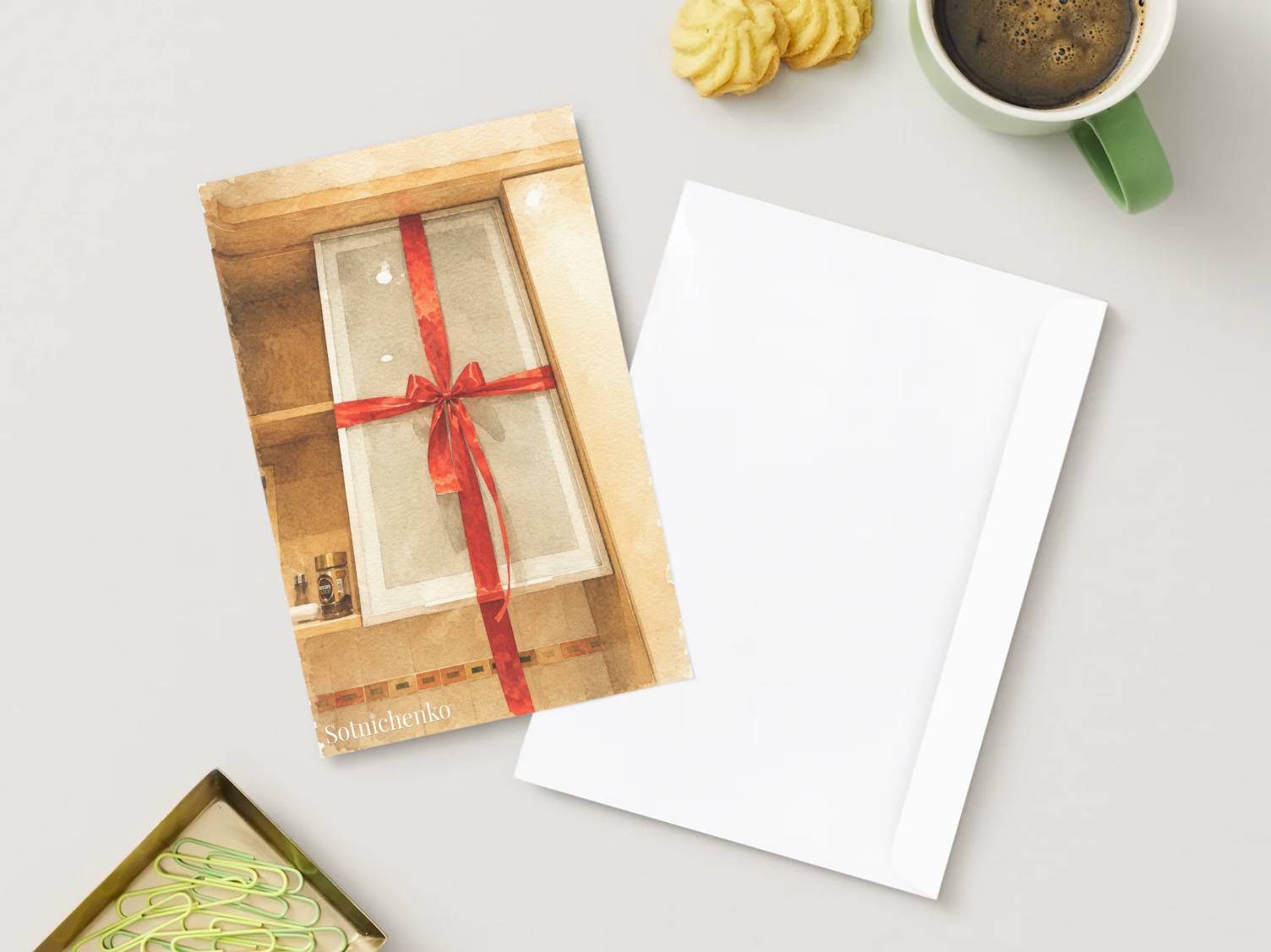 Red Ribbon Window — Holiday Printable Postcard