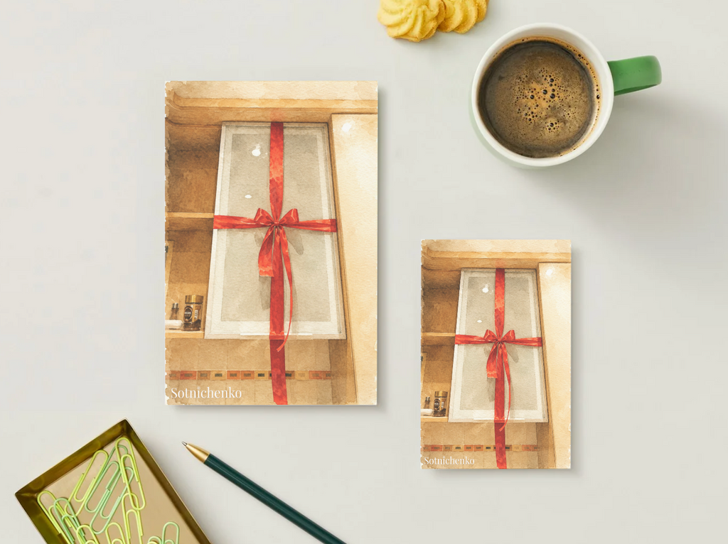 Red Ribbon Window — Holiday Printable Postcard