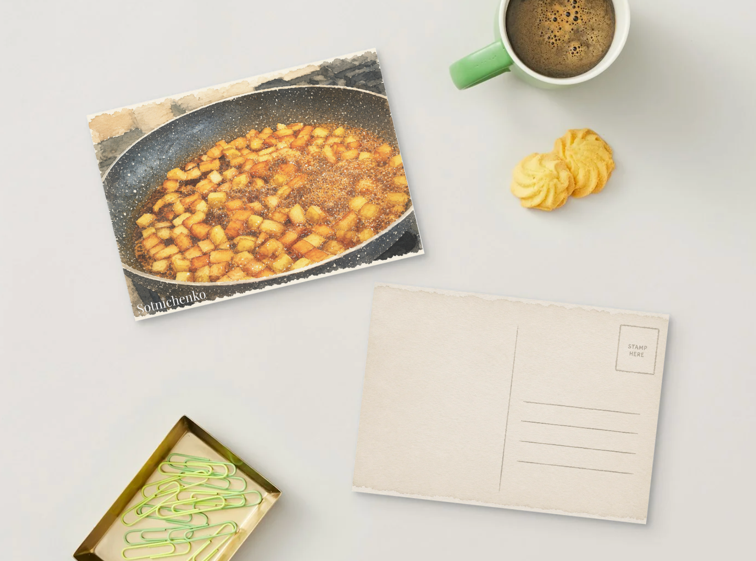 Golden Pan — Cozy Printable Postcard