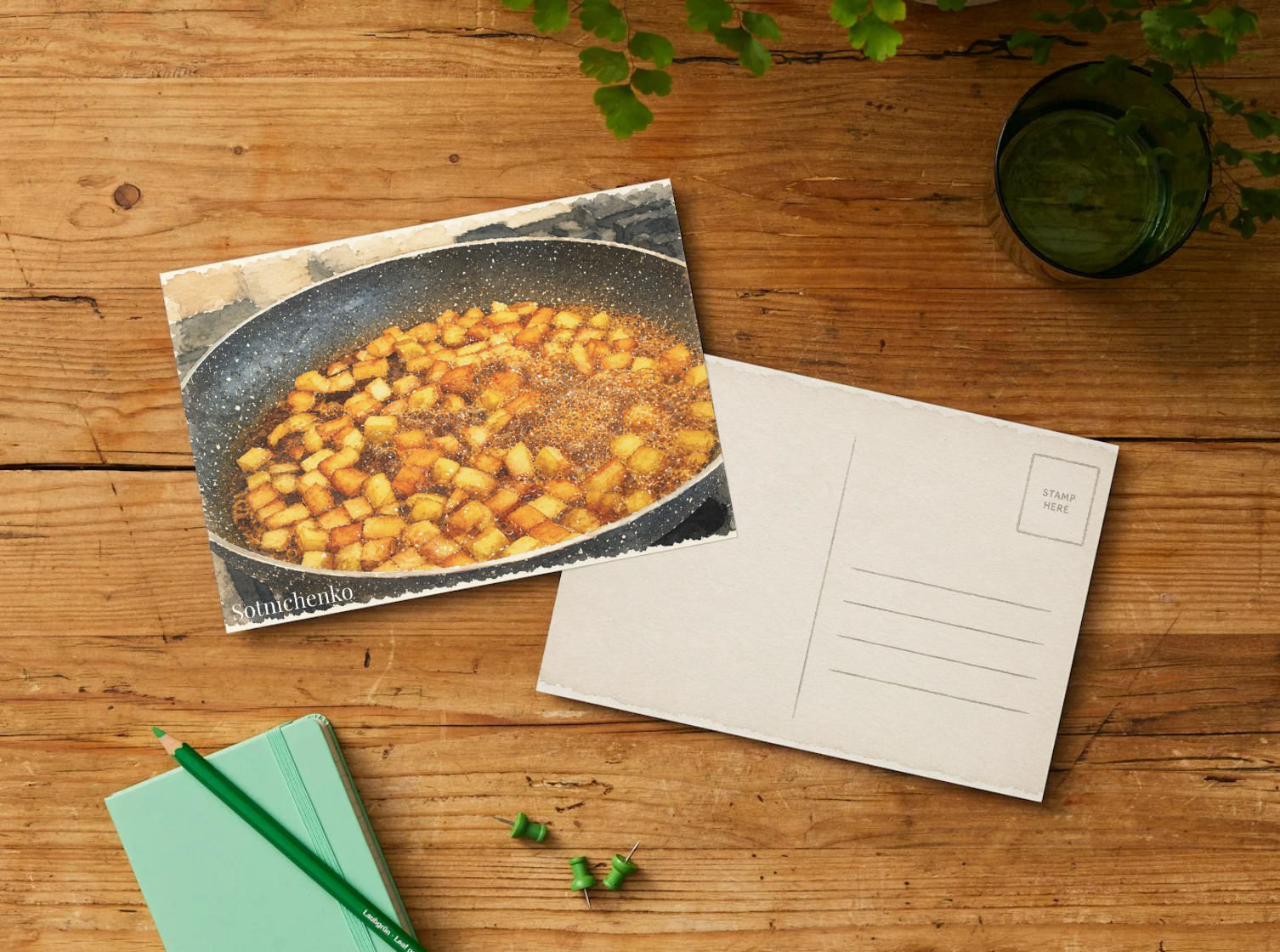 Golden Pan — Cozy Printable Postcard