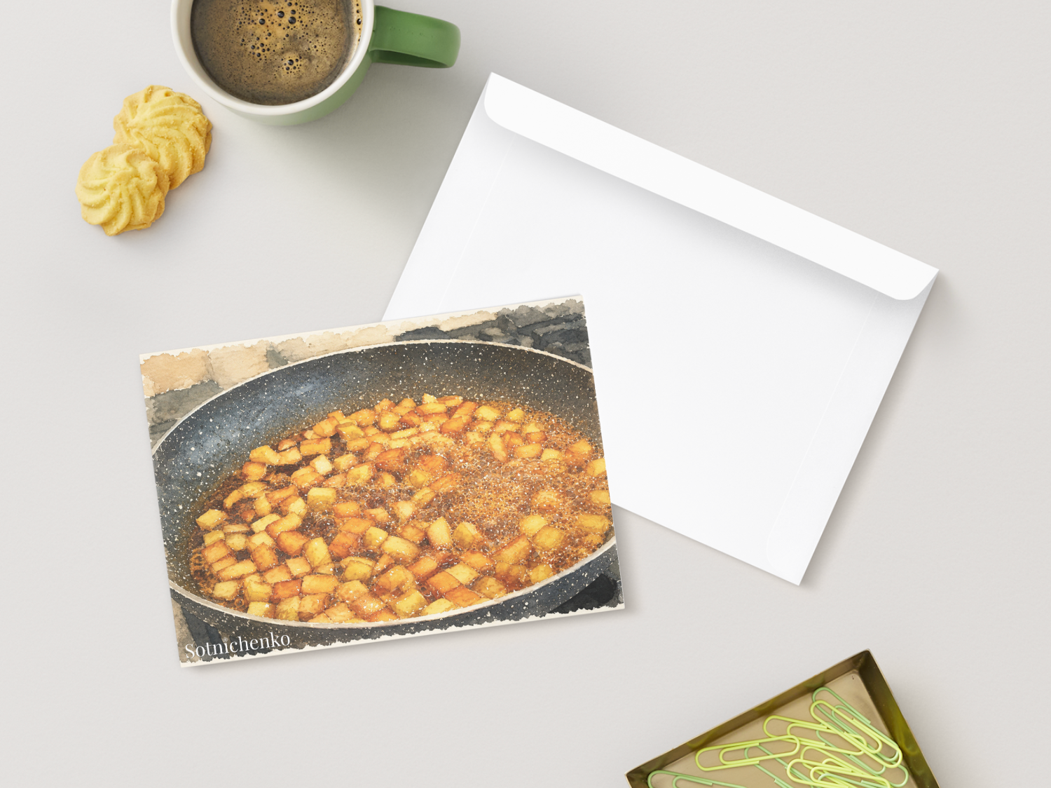 Golden Pan — Cozy Printable Postcard