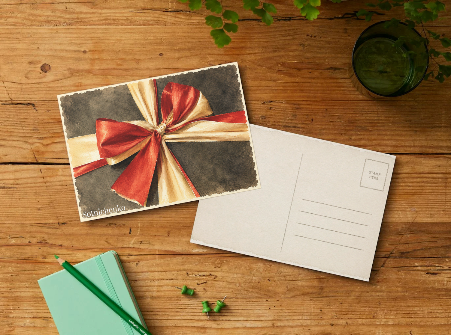 Festive Bow — Vintage Printable Postcard