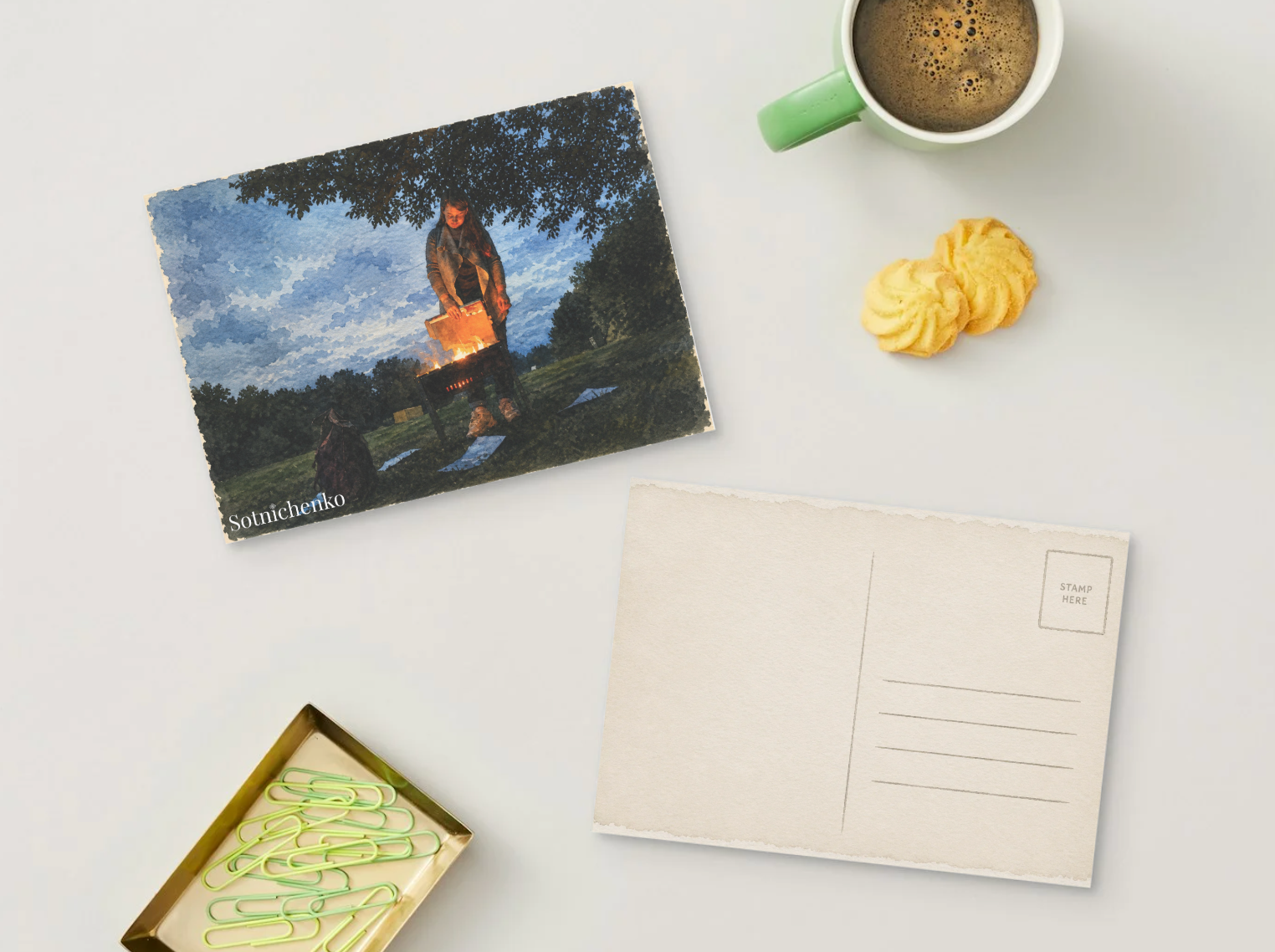 Firelight Picnic — Vintage Printable Postcard