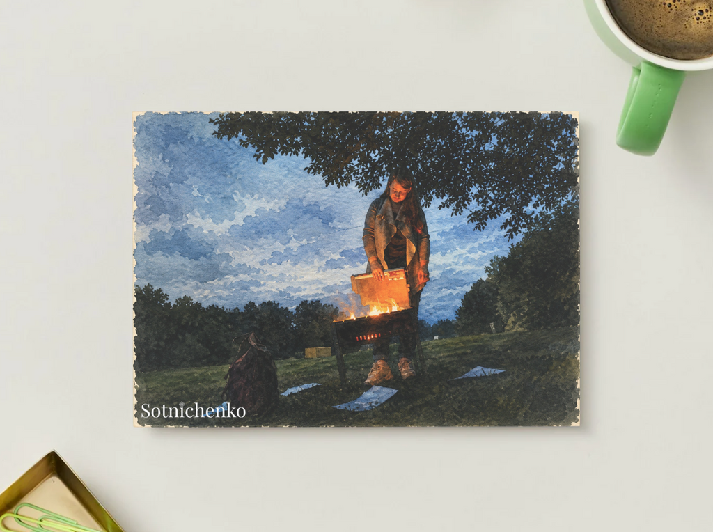 Firelight Picnic — Vintage Printable Postcard