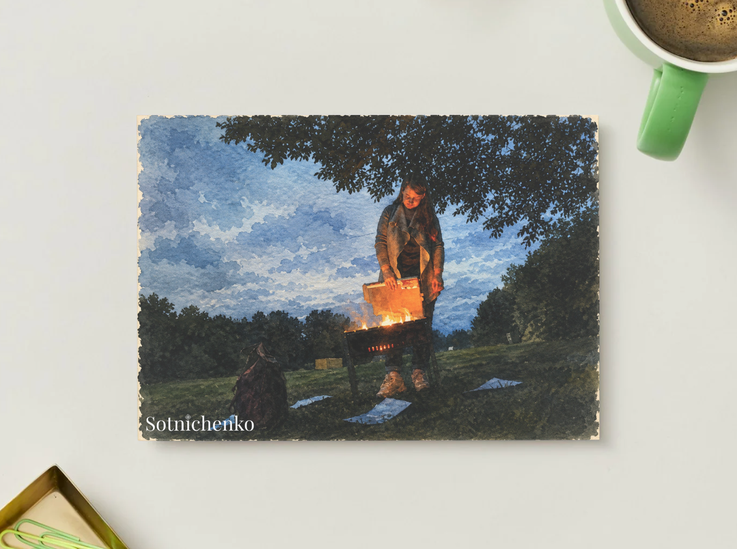 Firelight Picnic — Vintage Printable Postcard