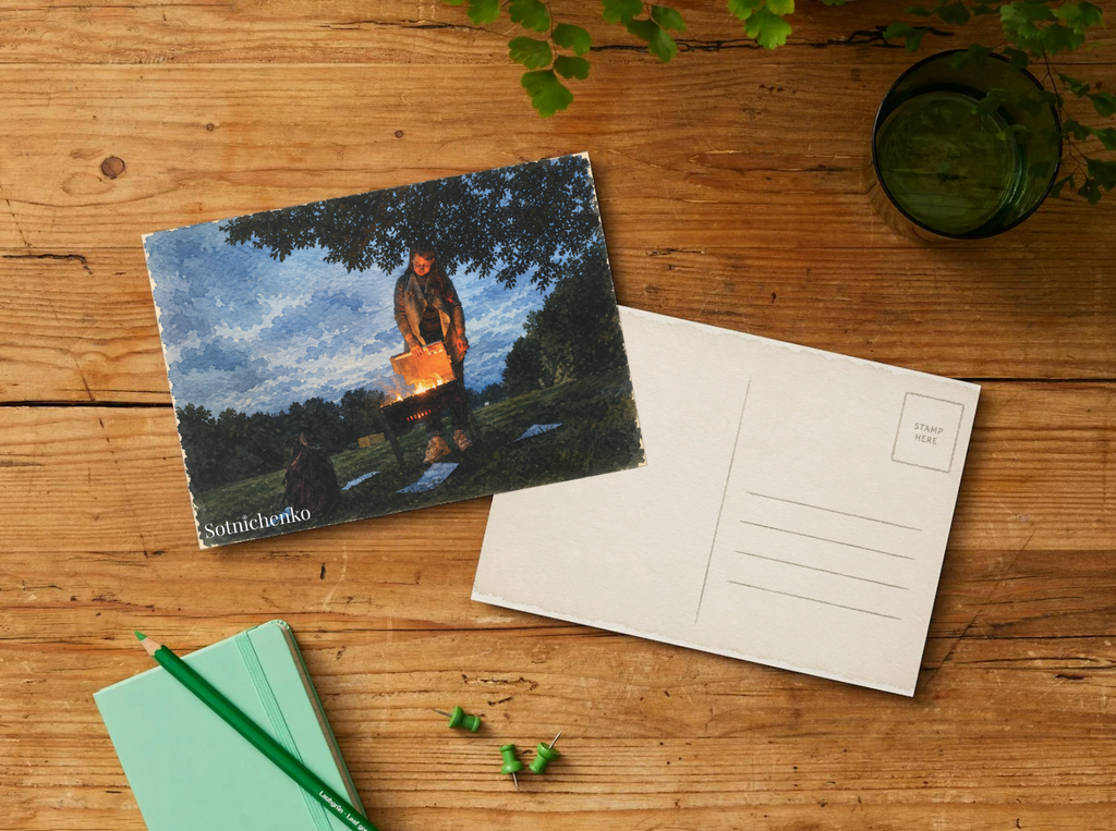 Firelight Picnic — Vintage Printable Postcard