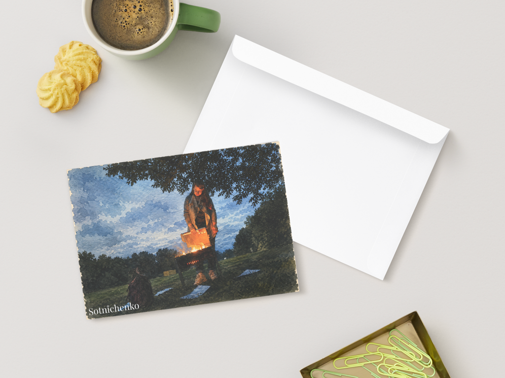 Firelight Picnic — Vintage Printable Postcard