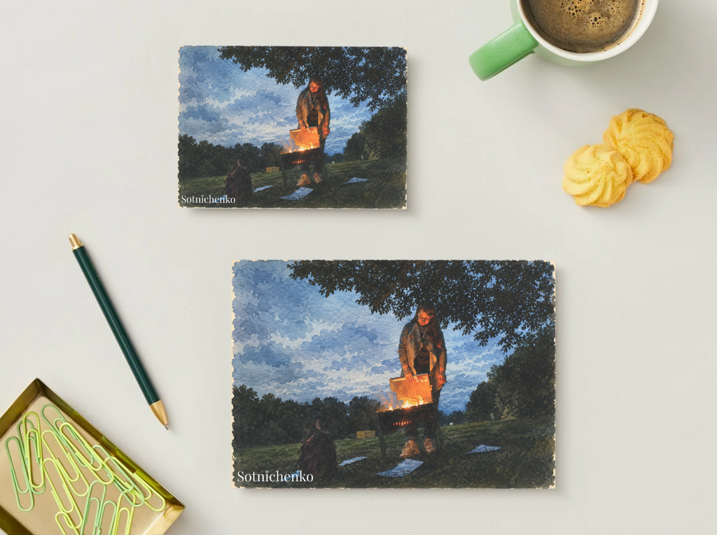 Firelight Picnic — Vintage Printable Postcard