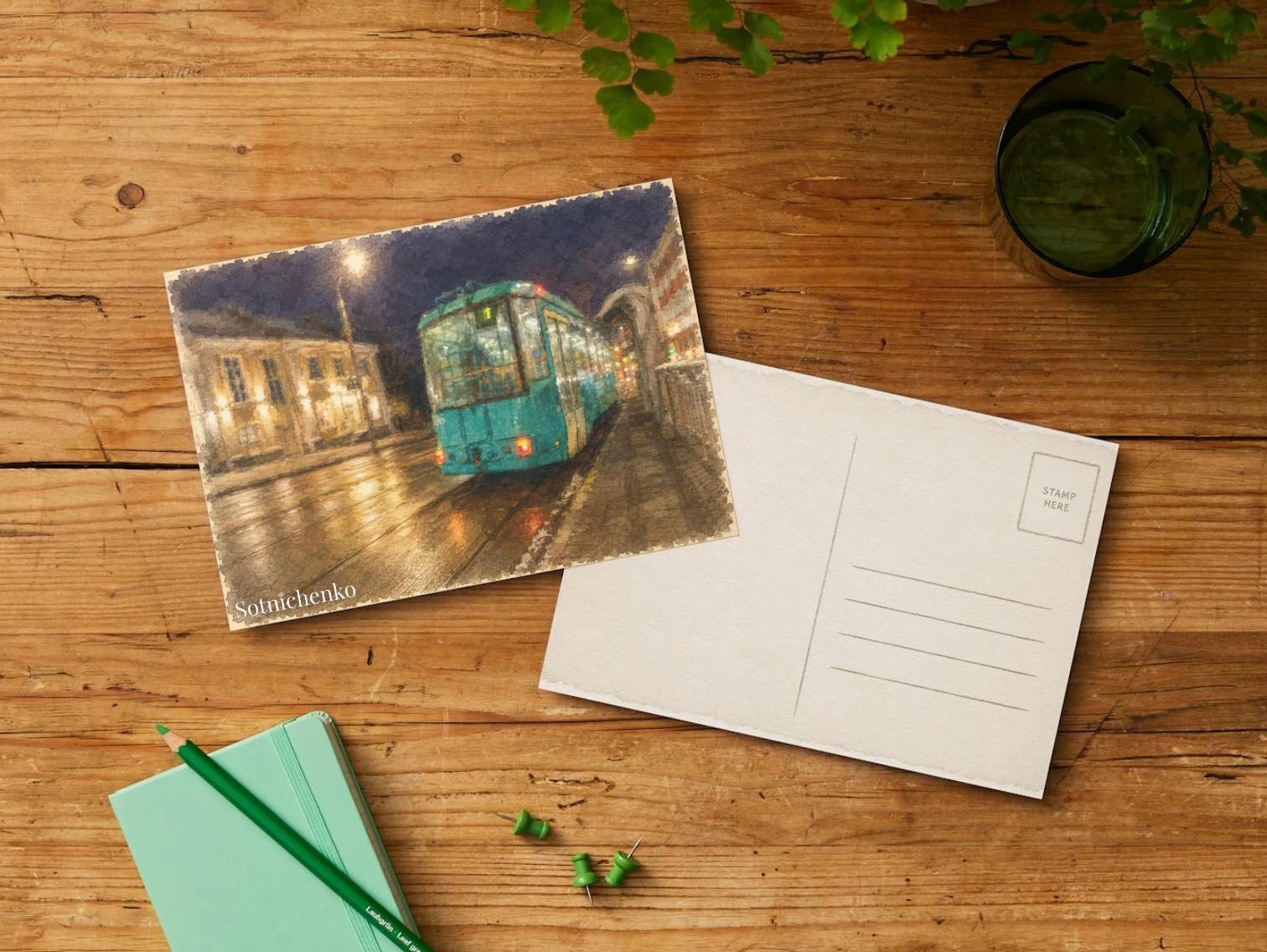 Last Tram Home — Vintage Printable Postcard