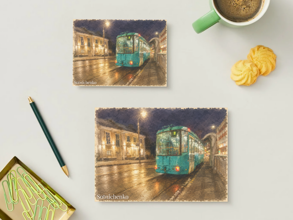 Last Tram Home — Vintage Printable Postcard