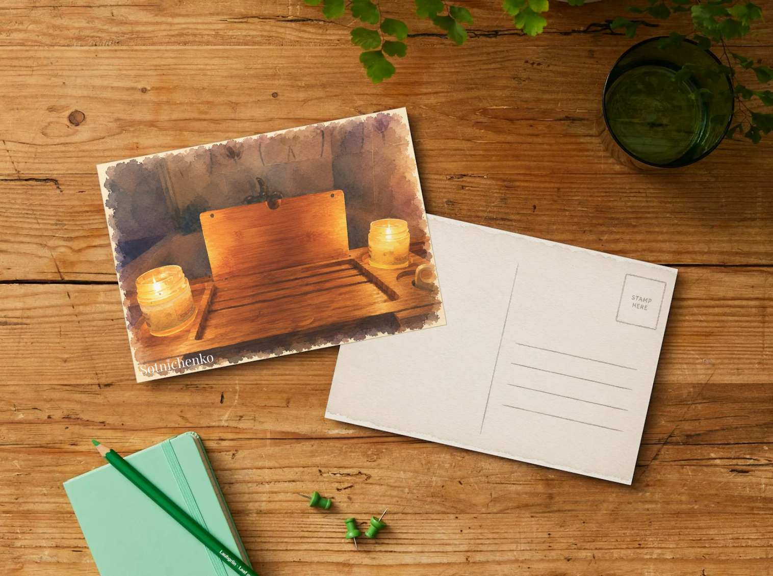Candlelit Tray — Cozy Printable Postcard