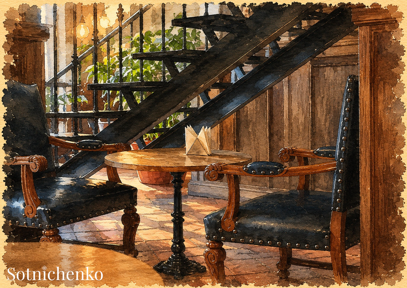 Under the Staircase — Vintage Printable Postcard