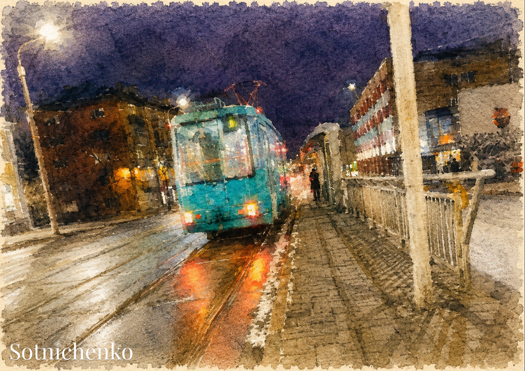Last Tram Home — Vintage Printable Postcard