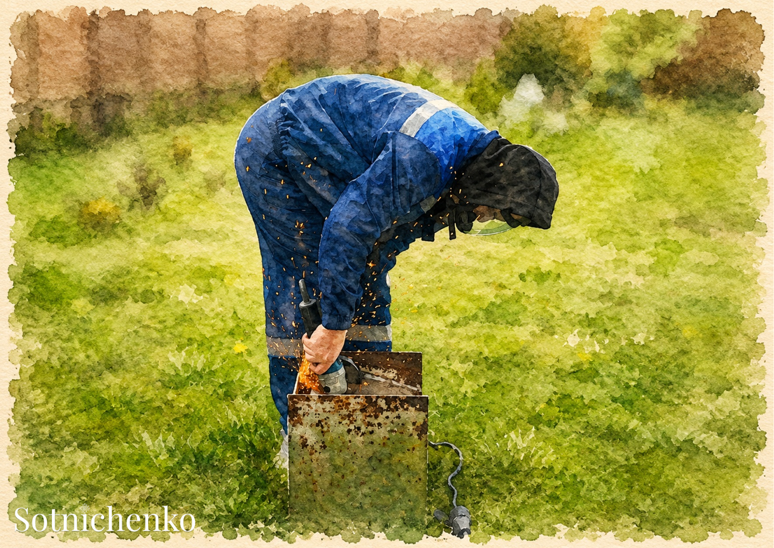 Sparks in the Grass — Industrial Printable Postcard