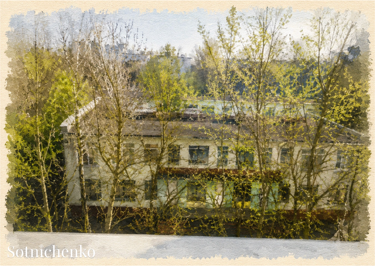 Spring Courtyard — Nostalgic Printable Postcard