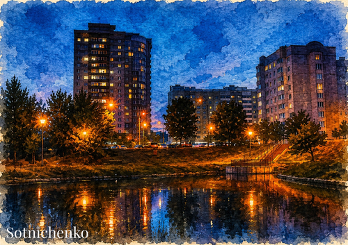 City Lights Reflection — Urban Printable Postcard
