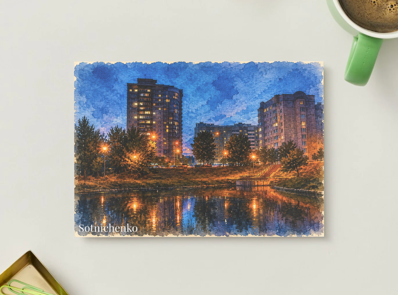 City Lights Reflection — Urban Printable Postcard