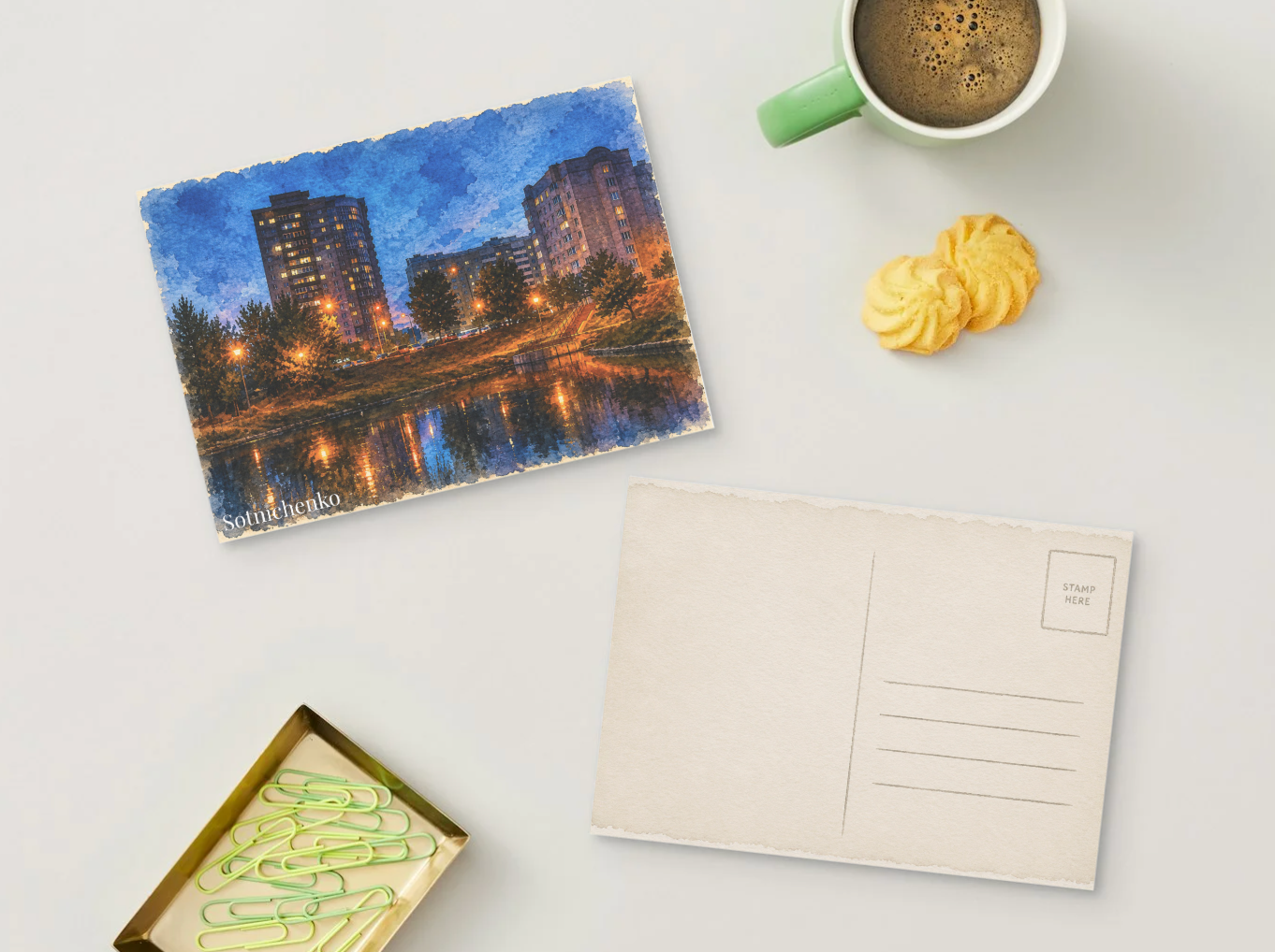 City Lights Reflection — Urban Printable Postcard