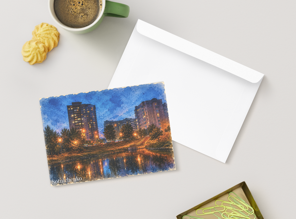 City Lights Reflection — Urban Printable Postcard