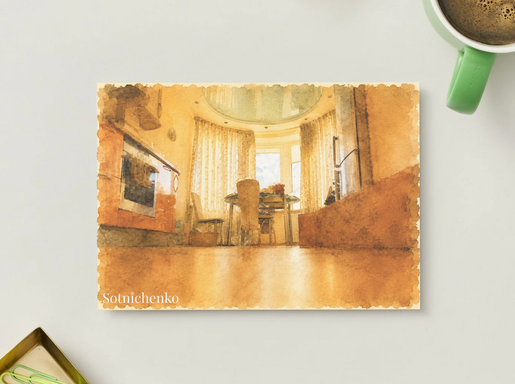 Golden Dining Room — Cozy Printable Postcard
