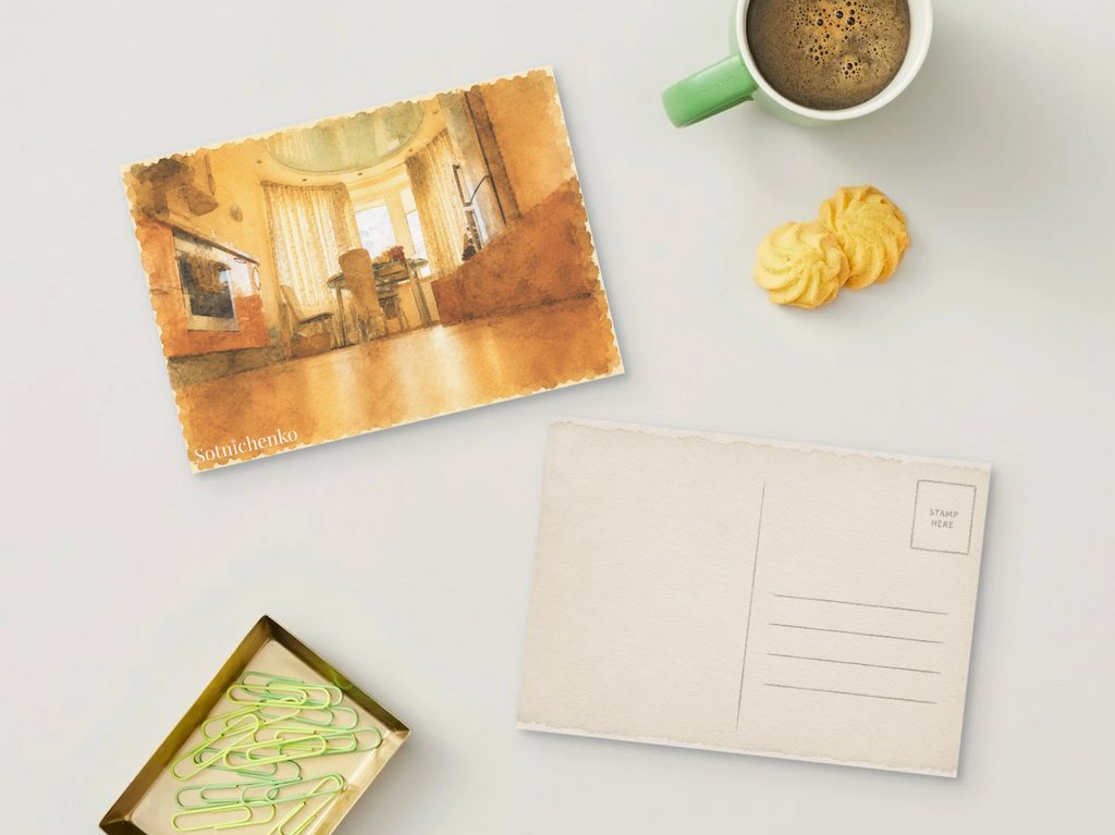 Golden Dining Room — Cozy Printable Postcard