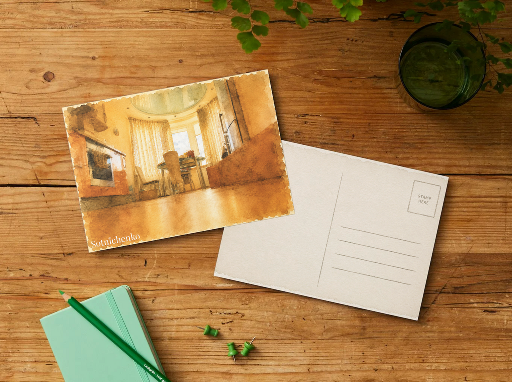 Golden Dining Room — Cozy Printable Postcard