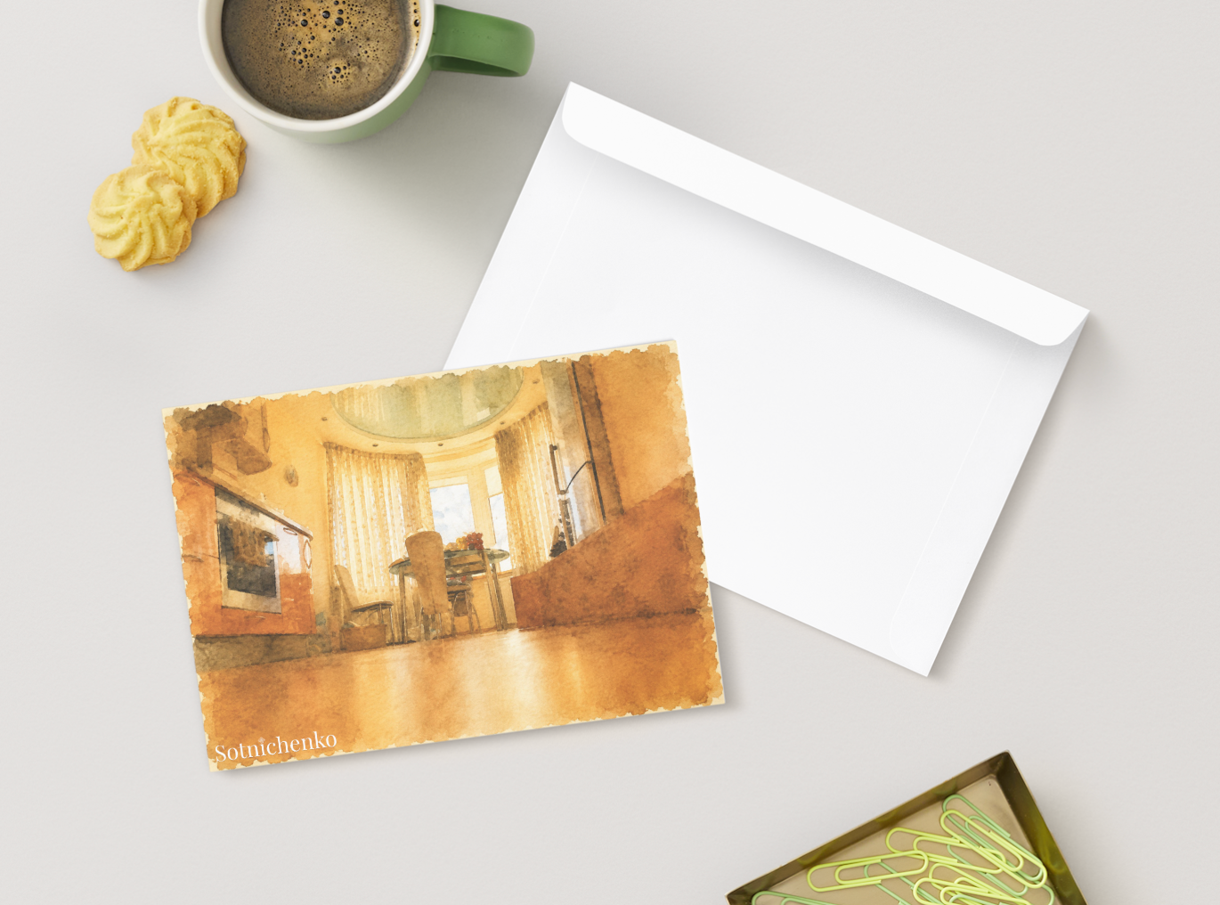 Golden Dining Room — Cozy Printable Postcard