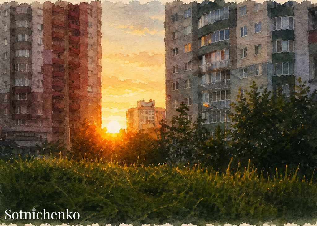Sunset Between Blocks — Urban Printable Postcard