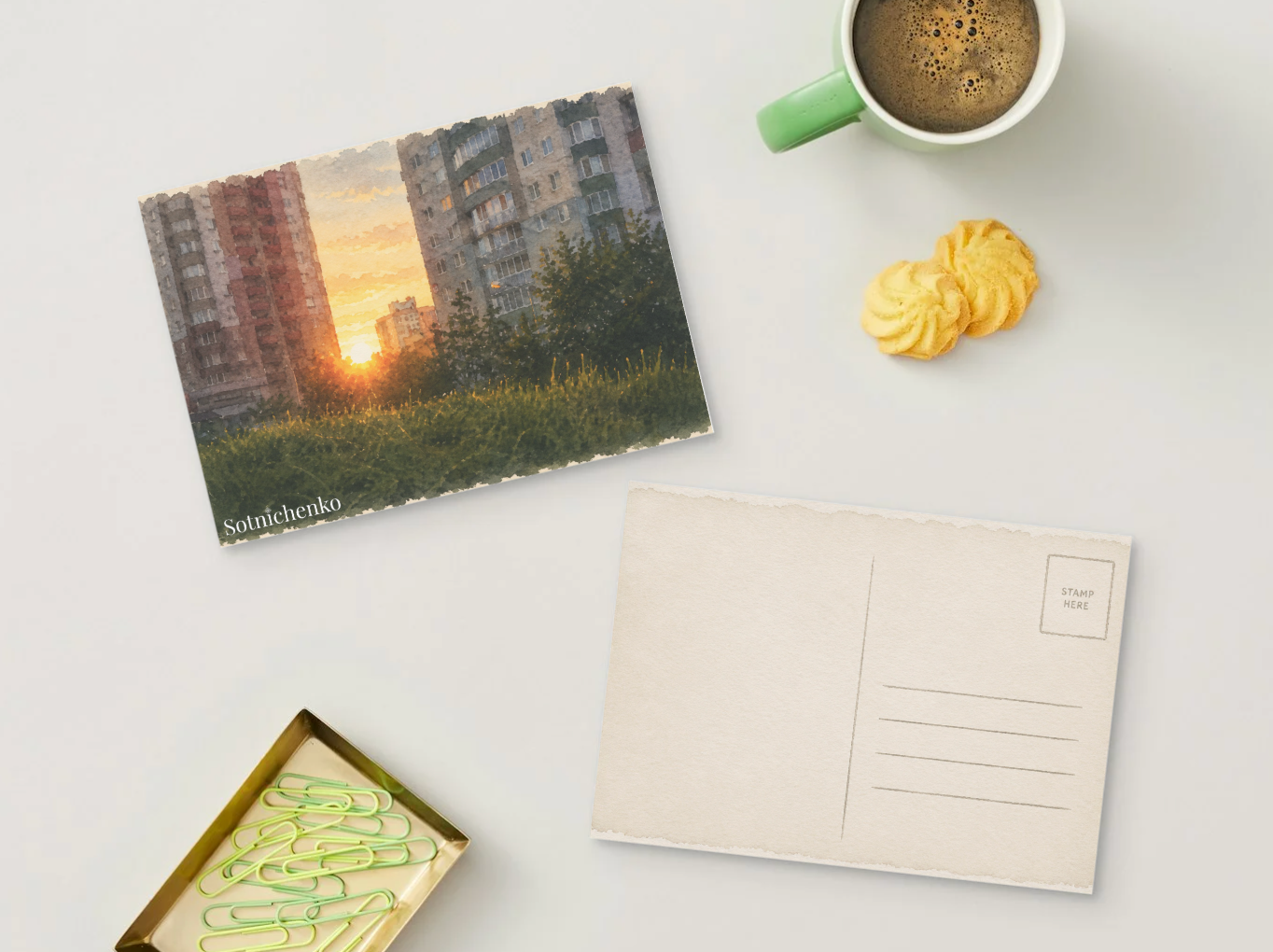 Sunset Between Blocks — Urban Printable Postcard